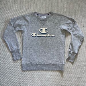 Champion Women's Gray Blue 3D Powerblend Fleece Logo Graphic Crewneck Sweatshirt